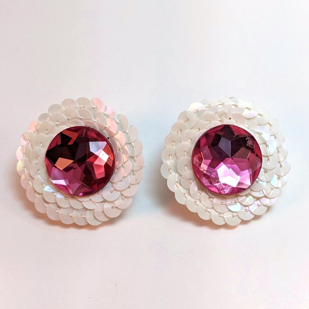 Handmade Sequin Pink Rhinestone Iridescent Big Button Earrings Retro Preppy Glam
